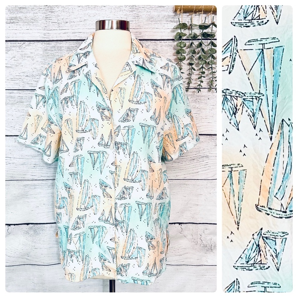 Vtg Sailboat Shirt 90s Nautical Blouse Tie Dye Button Up Top Sailing Yacht M P